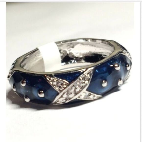 Silver Blue Enamel Ring Cubic Zirconia Size 9 10 - Picture 5 of 8